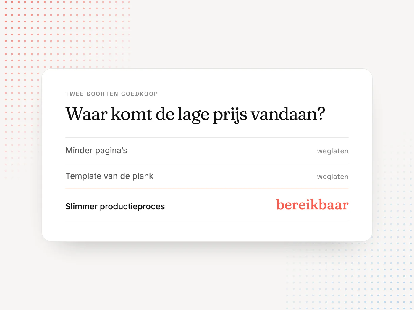 Vergelijking tussen goedkoop door weglaten en bereikbaar door een slimmer productieproces