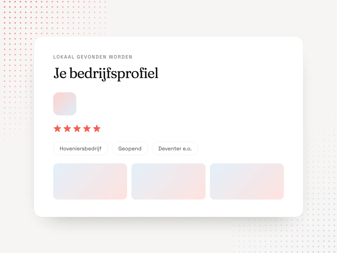 Schematisch bedrijfsprofiel met reviewsterren, categorieën en foto’s